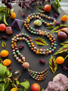 Autumn Abundance - 8mm Lepidolite, Green Apatite, Tigers Eye, Citrine, Rhodonite, Red Creek Jasper, Dalmatian Jasper - 108 Mala Necklace - Amethyst Focal - Gemstone Beaded Tassel