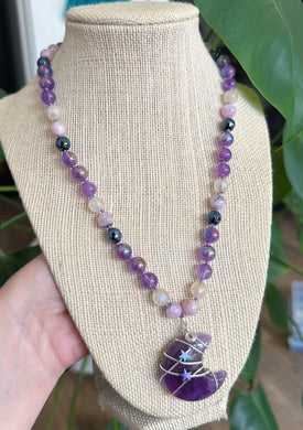 Lavender Moon - 19” Necklace - 8mm Mystic Onyx + Kunzite + Mystic Pink Healer + Mystic Amethyst + Amethyst - Amethyst Moon Pendant