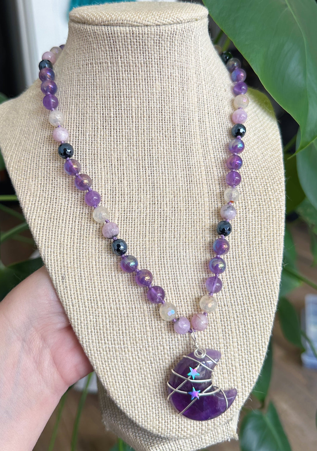 Lavender Moon - 19” Necklace - 8mm Mystic Onyx + Kunzite + Mystic Pink Healer + Mystic Amethyst + Amethyst - Amethyst Moon Pendant