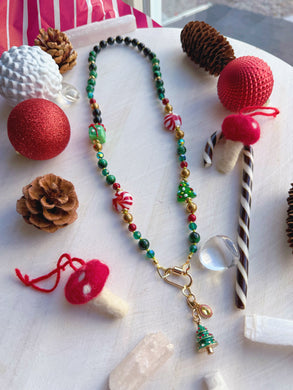 Rocking Around the Christmas Tree - 21” Necklace - Emerald Tigers Eye + Preciosa Crystals + Onyx + Red Quartz + Lampwork Glass