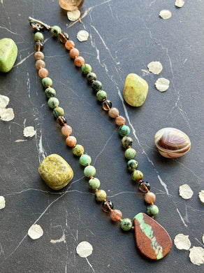 Luna Moth - 16” Choker  - 8mm Chocolate Moonstone, African Turquoise, Smoky Quartz - Chrysoprase Pendant