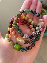 Load image into Gallery viewer, Circle of Life (3) Bracelet Stack - 8mm Rhyolite + Green Garnet + Tigers Eye + Sunstone + Strawberry Quartz + Citrine + Bloodstone