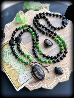 Poison Apple - Jade Albite + Gold Sheen Obsidian 108 Mala Bead Necklace - Hypersthene Pendant + Tourmaline Accents