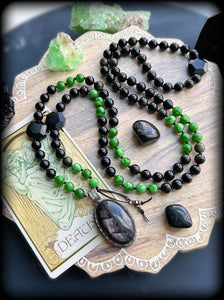 Poison Apple - Jade Albite + Gold Sheen Obsidian 108 Mala Bead Necklace - Hypersthene Pendant + Tourmaline Accents