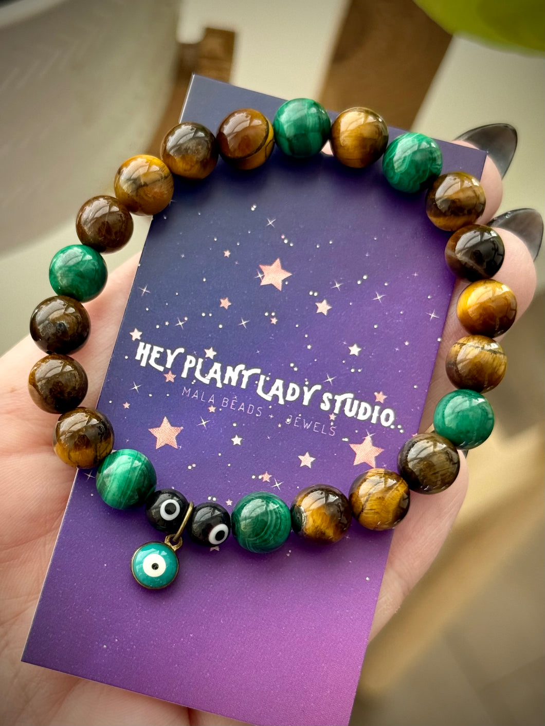 Evil Eye 🧿 - 8mm Tigers Eye & Malachite - Stretch Mala Bracelet