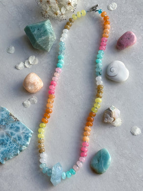 RESERVED - Sandbar - 20” Necklace - 8mm Candy Jade, Quartz, Jasper Rondelle + Aquamarine Pendant