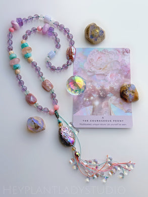 Drops of Atlantis 22” Necklace - Pink Conch Shell, Mother of Pearl, Green/Blue Chalcedony, Morganite, Kunzite, Freshwater Pearl, Amazonite, Amethyst - Abalone Tassel