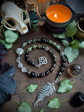 Load image into Gallery viewer, Hedge Ward- Witch’s Ladder, Altar Beads - Onyx, Prehnite, Green Apatite, Quartz, Hematite - Celtic Knot, Triquetra, Fern