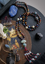 Load image into Gallery viewer, When Stars Align - 108 Meditation Necklace - 8mm Tigers Eye, Dumortierite, Rhodonite, Iolite, Mother of Pearl - Aquamarine &amp; Labradorite Focal - Celestial Tassel