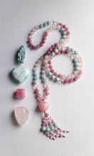 Load image into Gallery viewer, Heart of the Goddess - 108 Mala Necklace - 8mm Faceted Rose Quartz, Aquamarine, Rainbow Moonstone, Clear Quartz - Rose Quartz Focal