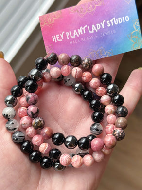 Quiet Strength (3) Bracelet Set- Rhodochrosite + Rhodonite + Onyx + Tourmalated Quartz + Hematite Gemstone Stretch Mala Bracelets