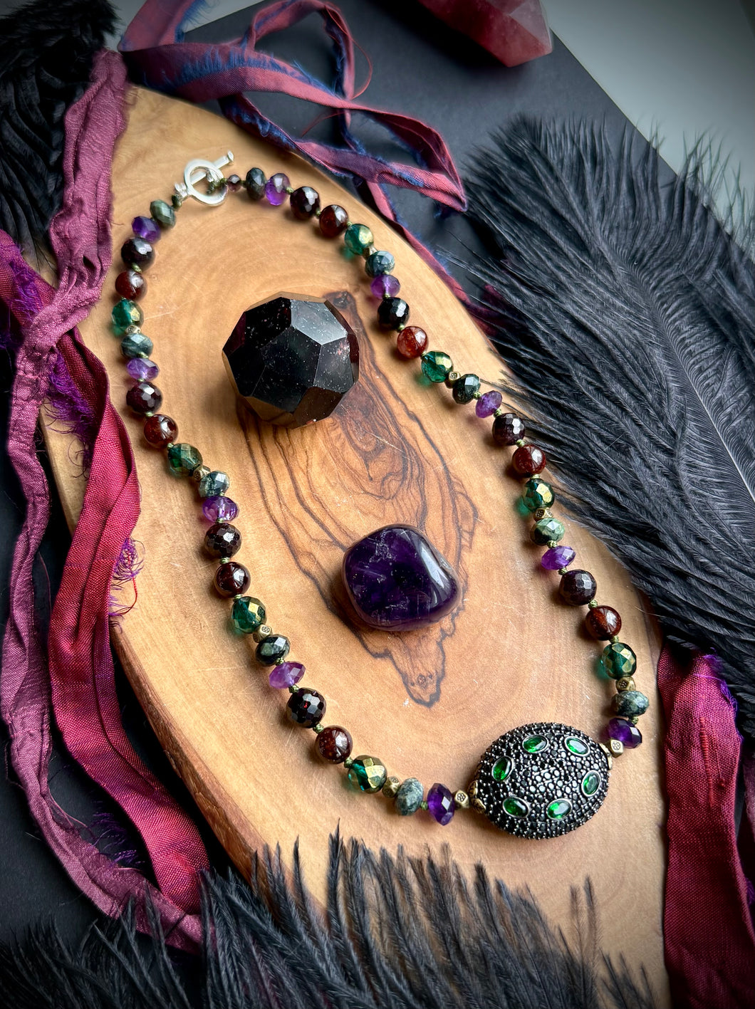 High Priestess - 16” Choker - 8mm Amethyst, Brazilian Garnet, Hessonite Garnet, Kambaba Jasper, Czech Glass + Black Emerald CZ Focal