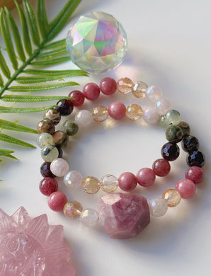 Heart & Soul - (2) Bracelet Set  - Ruby Focal, Rose Quartz, Citrine, Strawberry Quartz, Prehnite, Pink Opal Rhyolite - 8mm