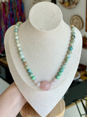 RESERVED - 17” - 8mm Mystic Amazonite, Aqua terra Agate, and Rose Quartz.
