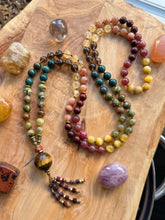 Load image into Gallery viewer, Inner Fire - Rhyolite + Green Garnet + Tigers Eye + Sunstone + Strawberry Quartz - 108 Mala Necklace