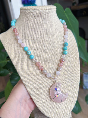 Sea of Stars - 18” Choker - 8mm Mystic Strawberry Quartz + Rose Quartz + Mystic Moonstone + Clear Quartz + Howlite - Rose Quartz Moon Pendant