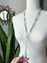 Load image into Gallery viewer, Mermaids Cove - Blue Moonstone + Rose Quartz + Quartz Stars + Aquamarine - Knotted Lariat Necklace