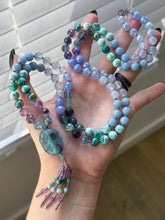 Load image into Gallery viewer, Angel Wings - 8mm - Aura Quartz, Rainbow Fluorite, Angelite, Blue Chalcedony, Agate - 108 Mala Necklace - Rainbow Fluorite Focal