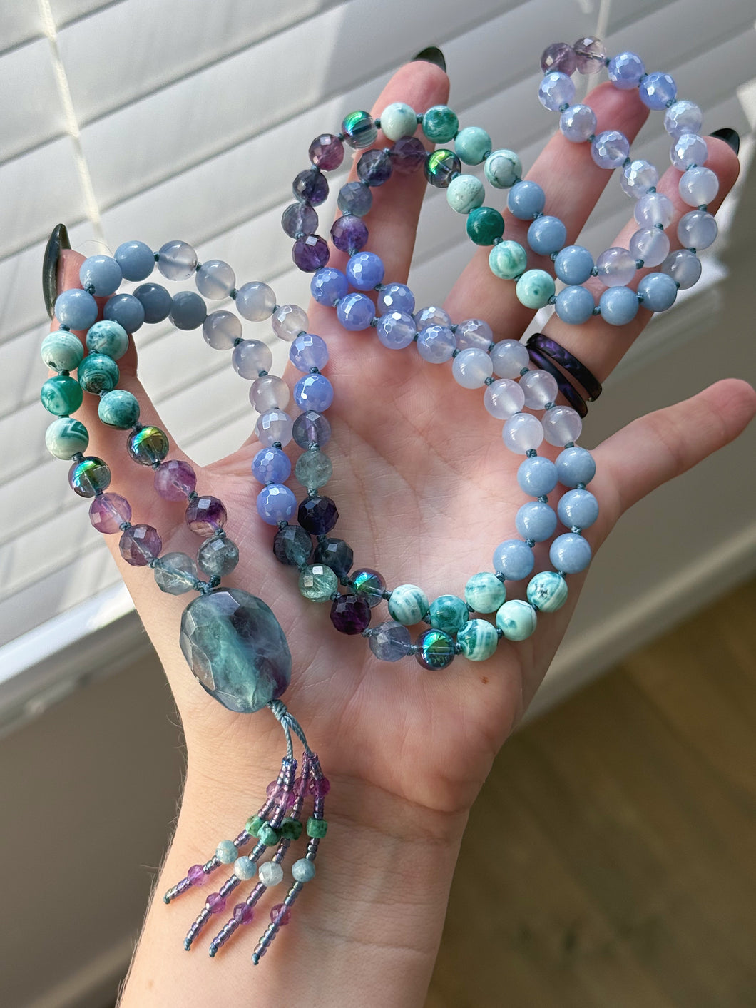 Angel Wings - 8mm - Aura Quartz, Rainbow Fluorite, Angelite, Blue Chalcedony, Agate - 108 Mala Necklace - Rainbow Fluorite Focal