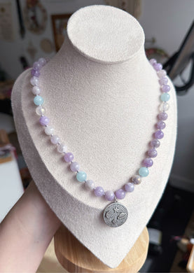 RESERVED - Starry Sparkles - 18” Necklace - 8mm Lavender Amethyst, Aquamarine, Mystic Rose Quartz - Silver CZ Space Charm