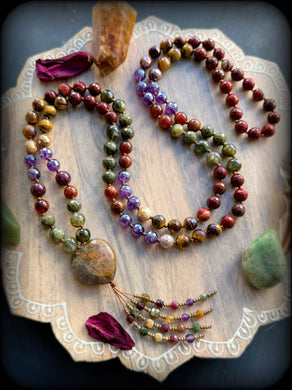 Magic of Autumn -8mm Green Lepidolite, Hessonite Garnet, Mystic Amethyst, Mystic Mookaite, Mystic Tigers Eye, Epidote, Apple Jasper - Sunstone Heart Focal - 108 Mala Bead Necklace