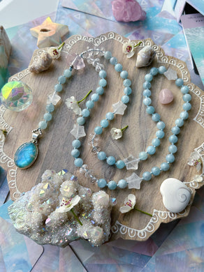 Mermaids Cove - Blue Moonstone + Rose Quartz + Quartz Stars + Aquamarine - Knotted Lariat Necklace