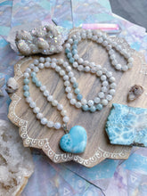 Load image into Gallery viewer, Calming Waves- Larimar Heart + 8mm Aquamarine + Rainbow Moonstone- 108 Mala Necklace