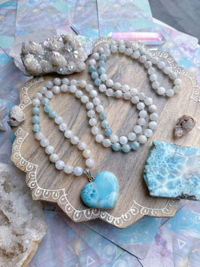 Calming Waves- Larimar Heart + 8mm Aquamarine + Rainbow Moonstone- 108 Mala Necklace