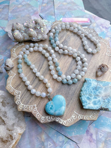 Calming Waves- Larimar Heart + 8mm Aquamarine + Rainbow Moonstone- 108 Mala Necklace