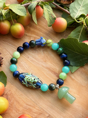 Flybane - Lampwork Frog + Thistle Flower + Aventurine Mushroom, Gemstone Bracelet.