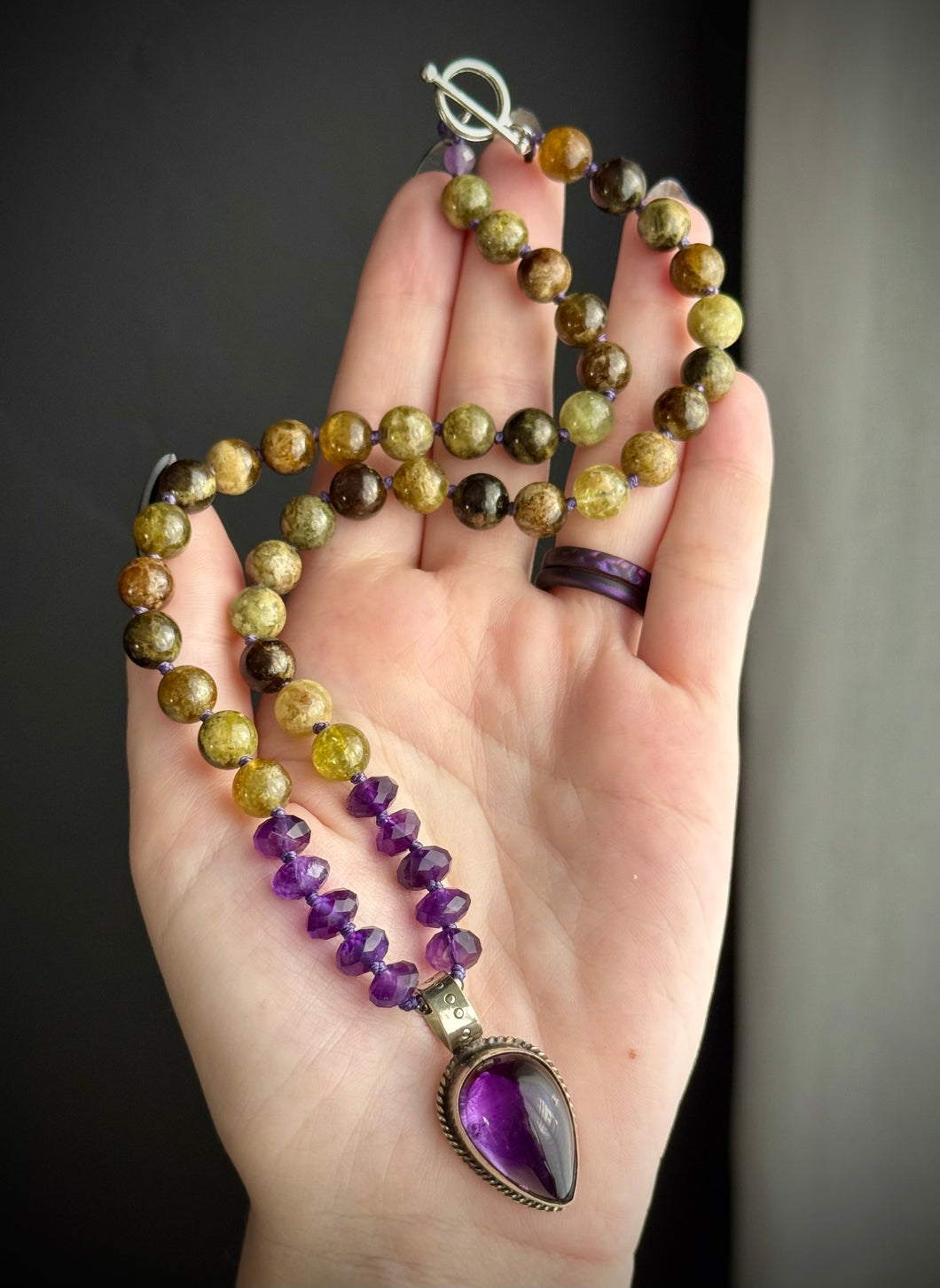 Verdant Spirit - 17” Necklace - 8mm Green Garnet + Amethyst + Amethyst Tibetan Focal