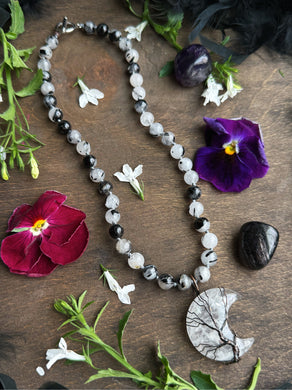 Moonbind - 16” Choker  - 8mm Tourmaline Quartz - Quartz Moon Pendant
