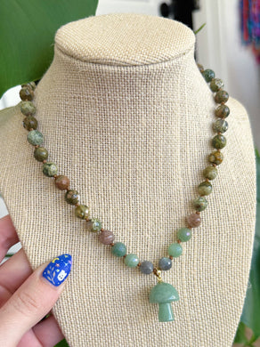 Under the Redwoods - 17” Choker - 8mm Mystic Aventurine + Black Moonstone + Labradorite + Rhyolite - Green Aventurine Mushroom Pendant