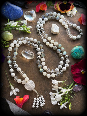 Whispers of Selene Mala - 8mm - Howlite, Rainbow Moonstone, Labradorite, Clear Quartz, Silver Hematite - 108 Mala Necklace - Quartz Heart Focal