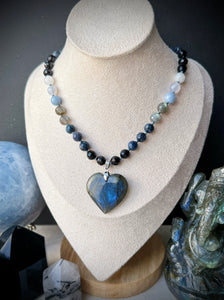 Awakened Heart - 16” Choker  - Onyx, Dumortierite, Labradorite, Angelite, Blue Chalcedony, Moonstone 8mm - - Labradorite Heart Focal