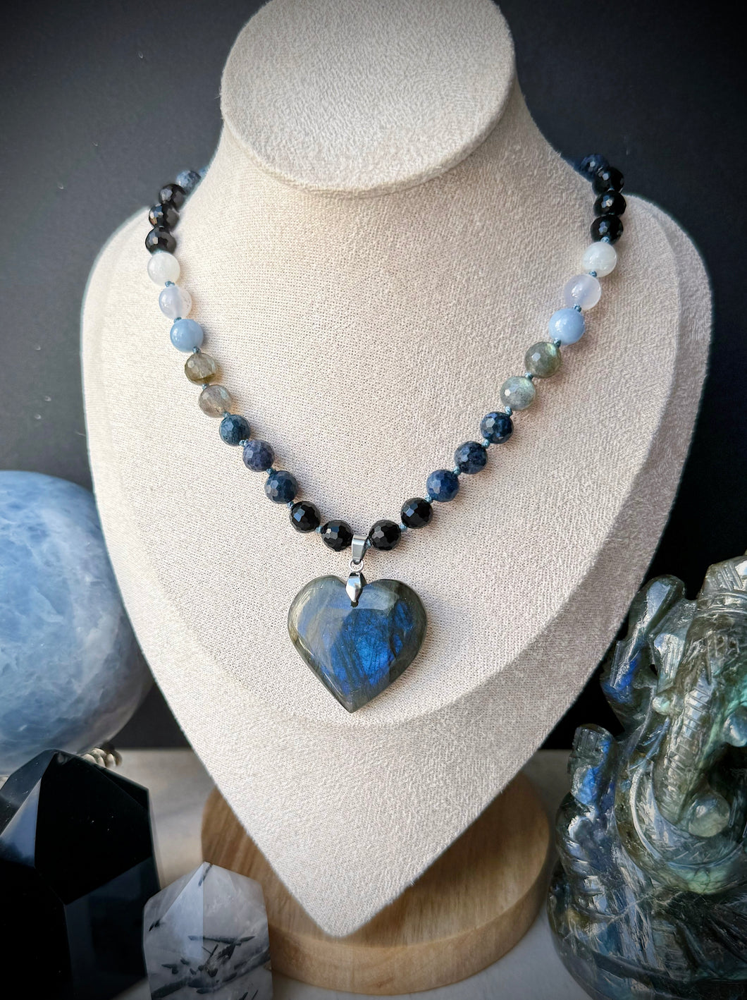 Awakened Heart - 16” Choker  - Onyx, Dumortierite, Labradorite, Angelite, Blue Chalcedony, Moonstone 8mm - - Labradorite Heart Focal
