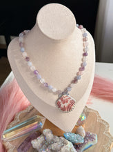 Load image into Gallery viewer, Pink Tides - 16” Necklace - 8mm Lavender Amethyst, Rose Quartz, Aquamarine + Shell Focal