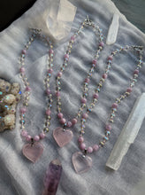 Load image into Gallery viewer, Heart of the Fae - 16” Choker  - 8mm - Aura Quartz + Kunzite - Rose Quartz Heart Focal