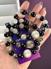 Load image into Gallery viewer, Jumbo Full Moon Bracelet - 10mm Tourmalinated Quartz + Onyx + Resin Full Moon - Stretch Mala Bracelet