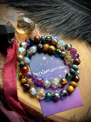 Yule Lights Stack - (2) Bracelets Set  - 8mm Mystic Tigers Eye, Garnet, Amethyst, Kambaba Jasper, Mookaite, Silverite, Terahertz, & Czech Glass