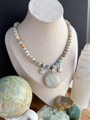 Starlight Moon - 16” Choker  - 8mm - Moonstone Rondelle + Mystic Amazonite - Moonstone Focal + Freshwater Pearl Stars
