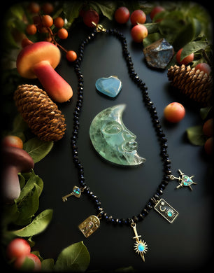 The High Priestress - 21” Necklace - 6mm Faceted Black Tourmaline + Tarot Charms