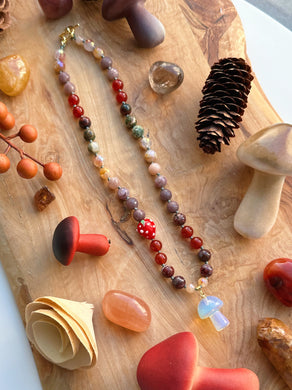 Wylde Berries - 16” Choker - 8mm Purple Aventurine + Red Carnelian, Peach Moonstone + Rainforest Jasper + Mystic Pink/Golden Healer + Lampwork Glass Strawberry - Opalite Mushroom Pendant
