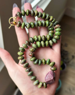 Courage & Strength - 20” African Bloodstone Rondelle + Drilled Ruby Pendant