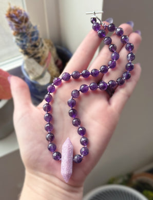 Calm Serenity - 16” Choker - 8mm Amethyst - Lepidolite Point Pendant