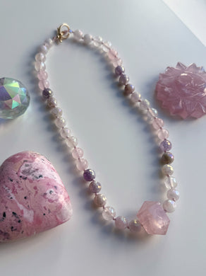 Heart Glow 16” Choker - Mystic Rose Quartz, Aura Rose Quartz, Natural Rose Quartz, Mystic Amethyst - Rose Quartz Point Pendant