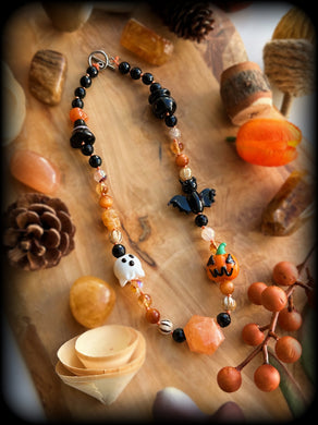 Halloweentown - 16” Choker - Onyx, Striped Agate, Citrine, Orange Tigers Eye, Mystic Golden Healer - Carved Skulls - Lampwork Halloween Beads