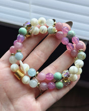 Load image into Gallery viewer, RESERVED - (2) 7.5” - 8mm Aquamarine, Rose Quartz, Mother of Pearl, Agate, Czech Glass - Mother of Pearl Focal - Stretch Mala Bracelets