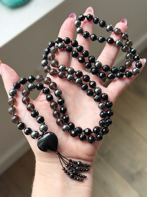 Reserved * Shielded Heart - Onyx + Smoky Obsidian + Hematite - 108 Mala Necklace - Obsidian Heart Focal