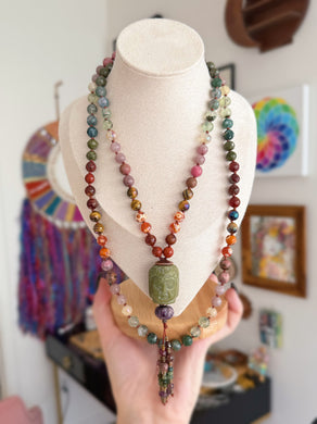 Spiritual Freedom - 8mm Prehnite, Hessonite Garnet, Indian Agate, Mystic Tigers Eye, Epidote, Apple Jasper, Rhodonite, Rose Quartz, Golden Healer, Molten Fire Agate - Carved Soochow Jade Buddha - 108 Mala Bead Necklace